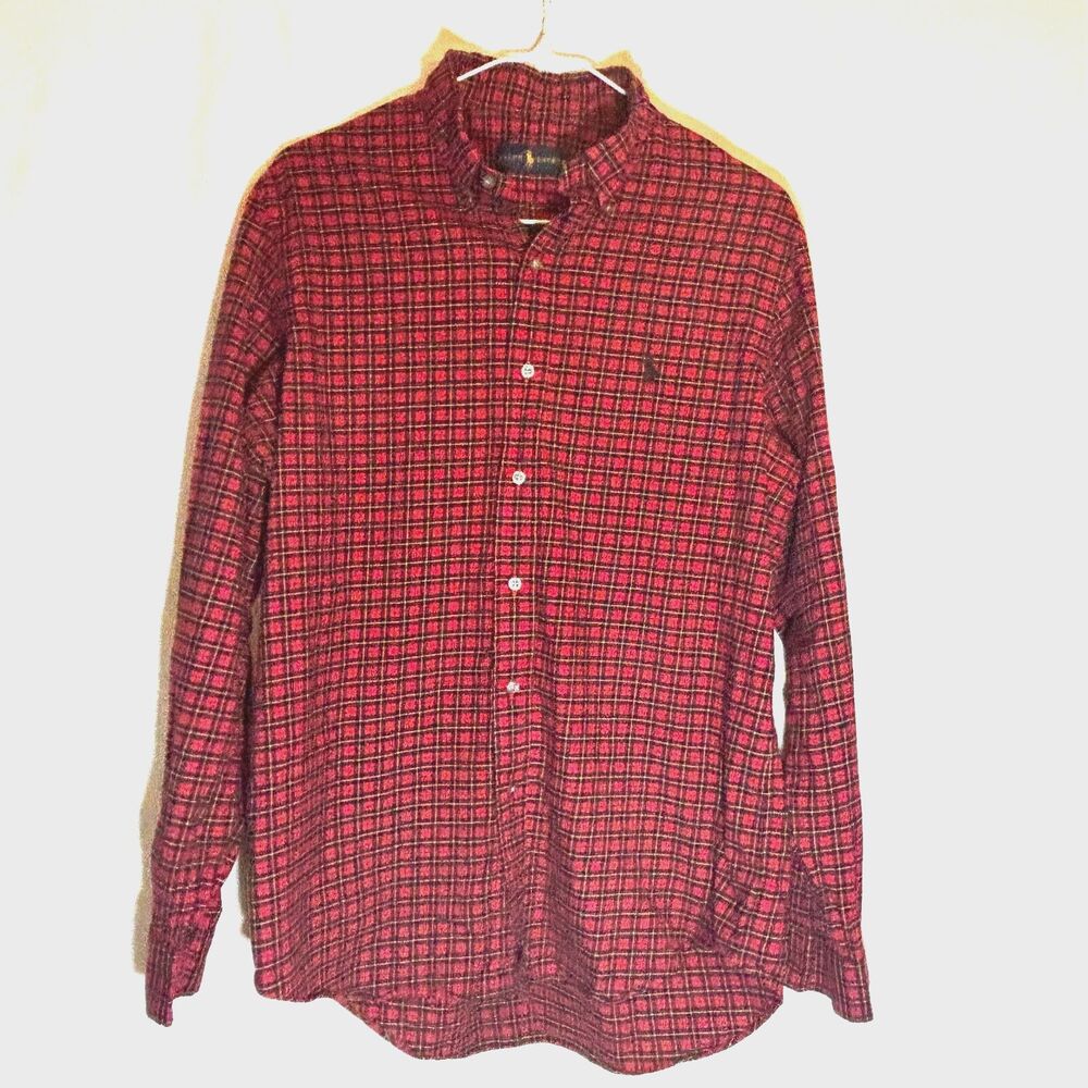 Men's Ralph Lauren Logo Button Up Long Sleeve Shirt Red Plaid Medium‎